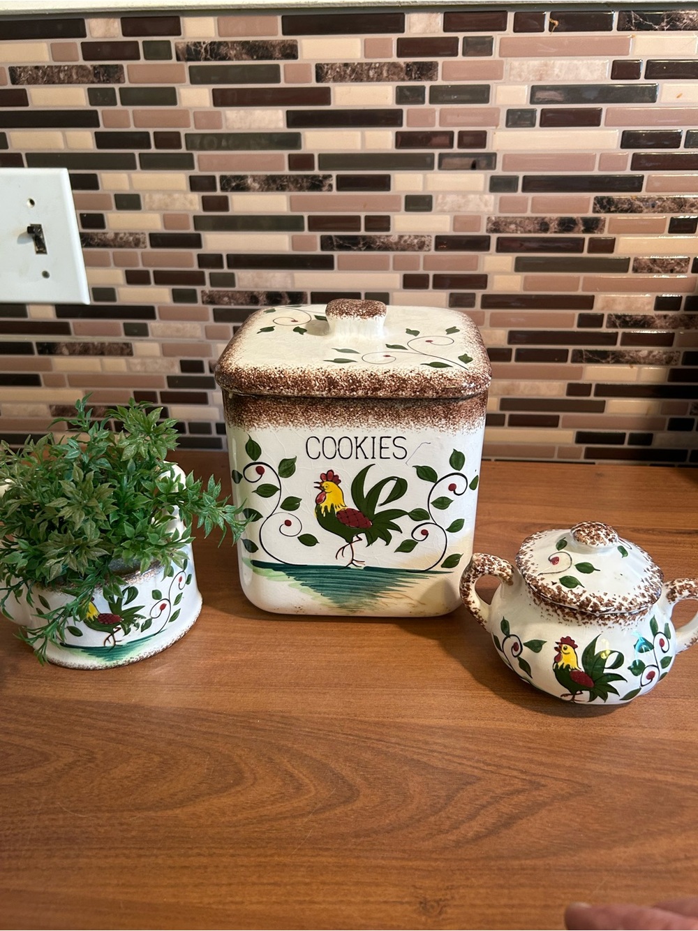 Vintage Rustic Rooster Matching Set -  Sugar Bowl Wall Pocket Cookie Jar